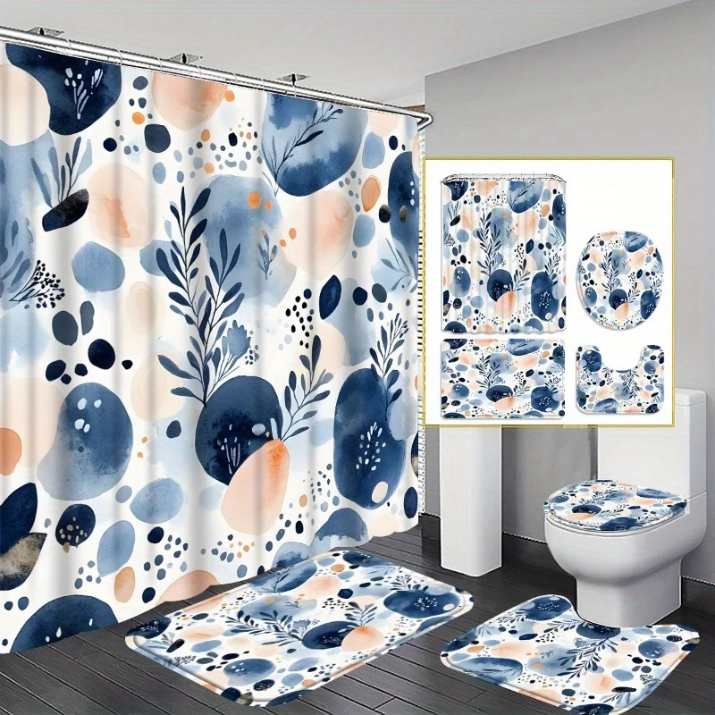 

4pc Watercolor botanical bathroom set, polyester fabric, includes shower curtain, U-shaped mat, toilet seat cover non-slip mat.