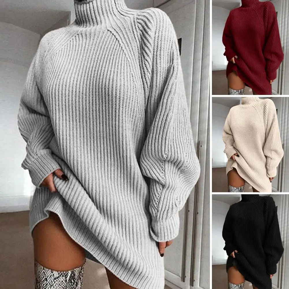 Solid Color Sweater Dress Half High Collar Raglan Long Sleeve Loose Fit Knitting Dress Autumn Winter Mini Dress Female Knitwear