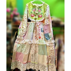 Female Harajuku Cotton Patchwork Ruffle Lace Evening Dress 2025 Retro Shabby Chic Mori Girl Cottage Core Sweet Lolita Long Dress