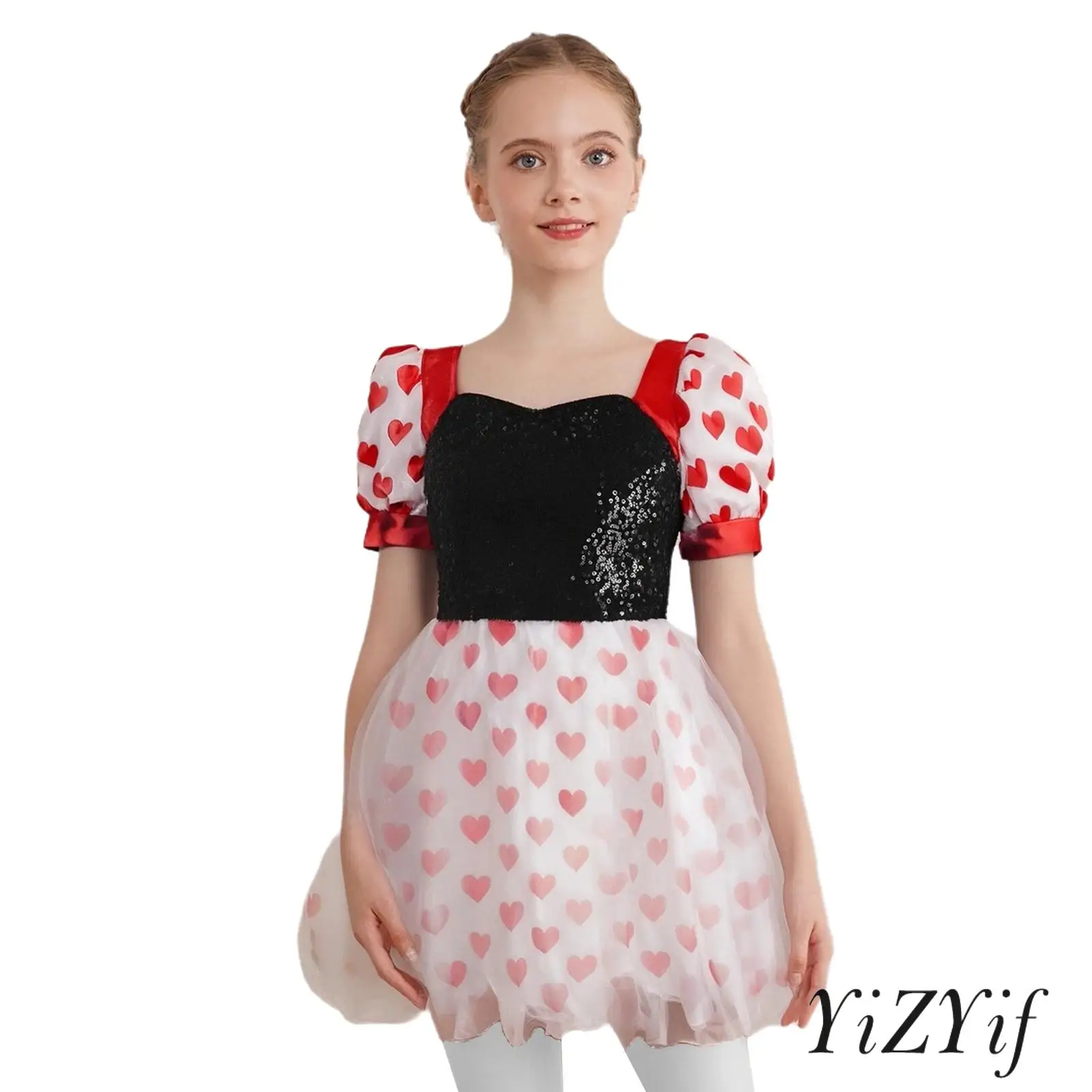 

Kids Girls Party Carnival Princess Dress Short Bubble Sleeve Heart-shaped Neckline Sequin Lantern Puff Printed Zipper Dress