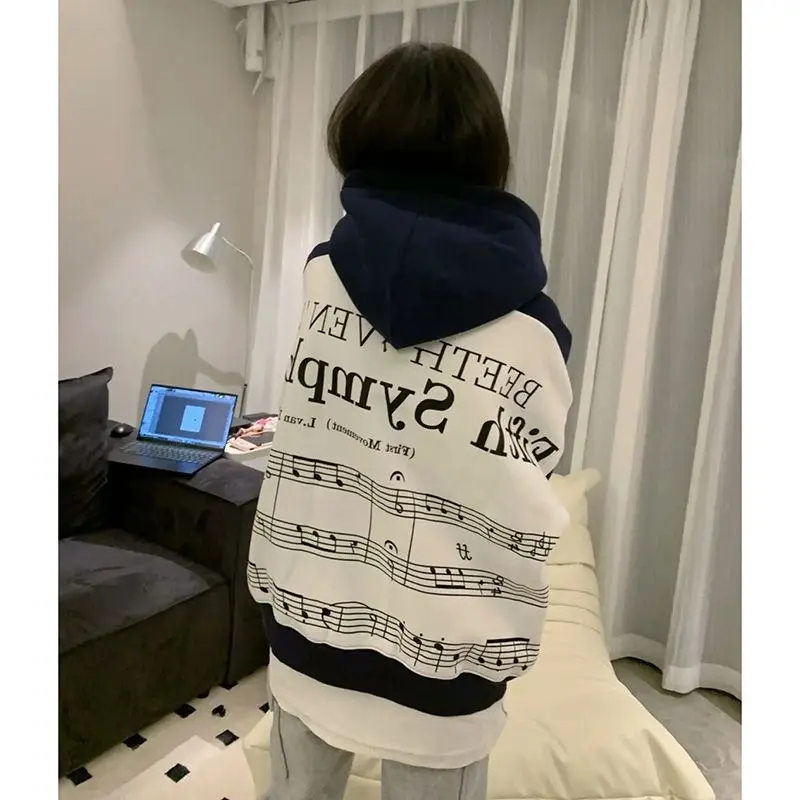 Hooded Jacket Letter Note Contrasting Color American Ins Street Dark Blue Women'S Spring And Autumn Loose Design Jacket