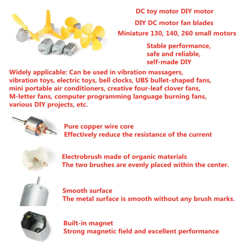 5PCS Miniature 130, 140, 260 Small Motor Electric Motor Quadcopter Vehicle Toy DIY DC motor Fan blade Pure copper wire core