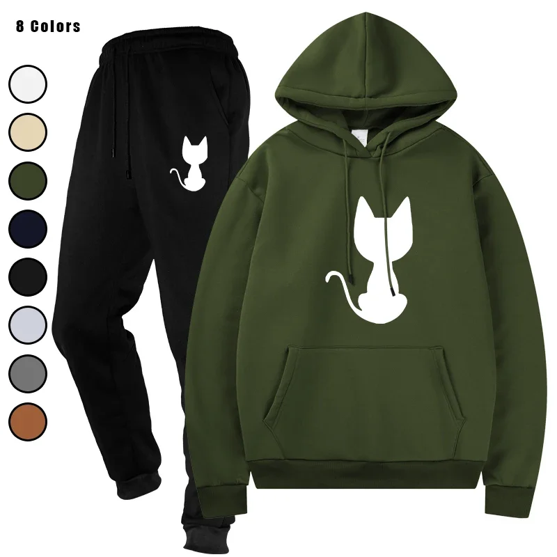 

Men Tracksuit 2 Pieces Sets Drawstring Pants Autumn Sportwear Male Hoodies Running Sportswear Hooded