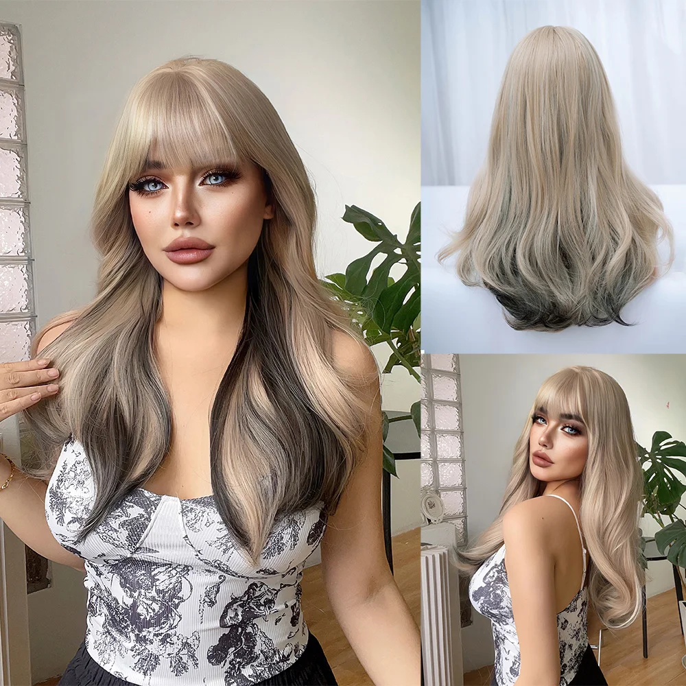 

24Inch Rose Blonde Highlights Black Synthetic Wigs with Bangs Long Natural Wavy Hair Wig for Women Daily Cosplay Heat Resistant