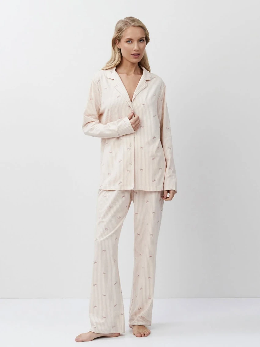 

Marthaqiqi Loose Ladies Nightwear Set Long Sleeve Nightgown Turn-Down Collar Pajama Pants Printing Female Sleepwear 2 Piece Suit