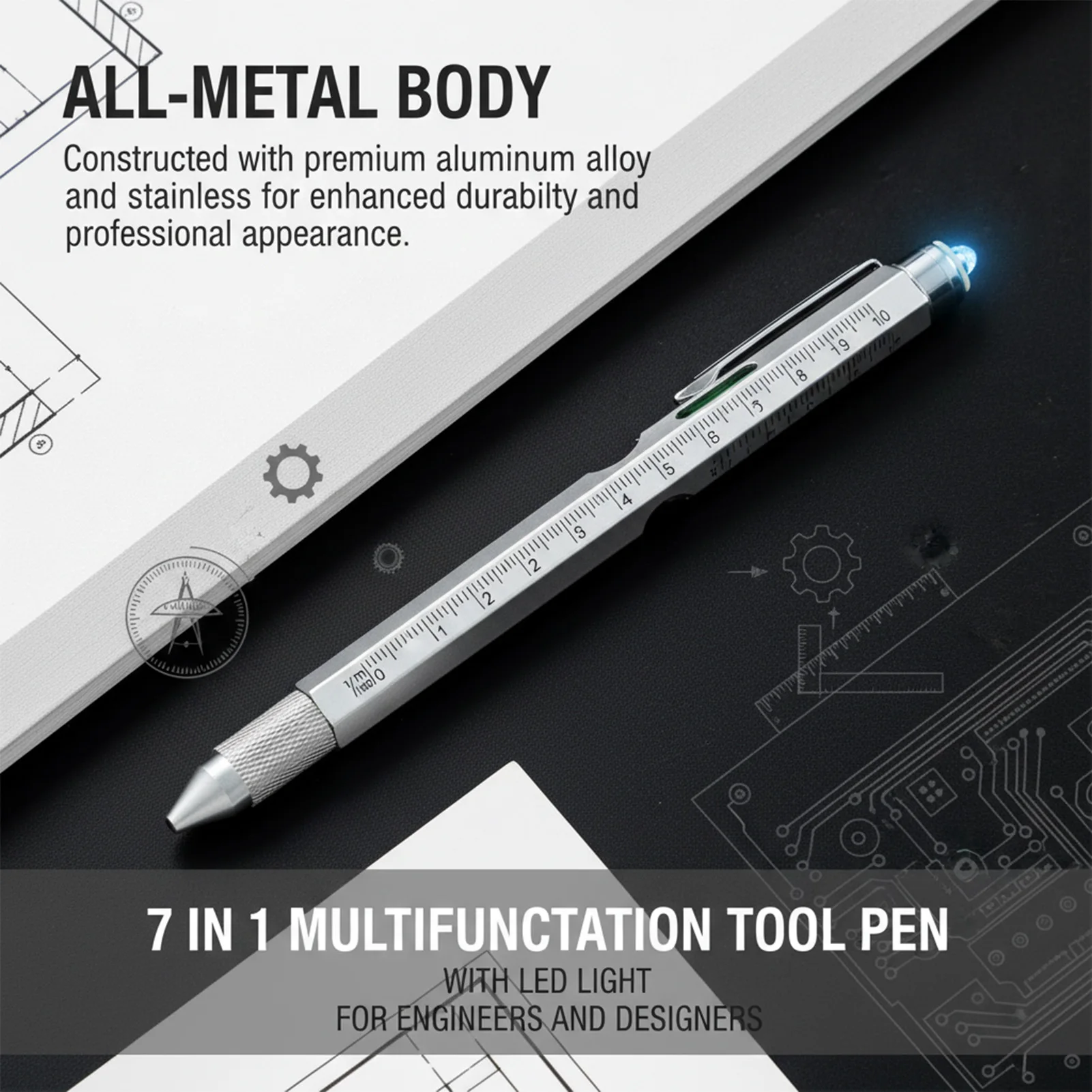 Multifunctional Tool Pen Professional for Engineering Design 7-in-1 Screwdriver Level Ruler LED Light Metal Stylus Pen