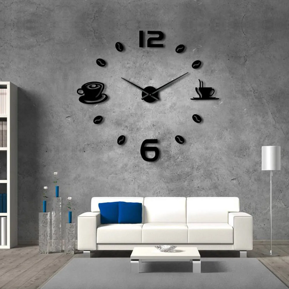 Cafe Diy Large Wall Clock Frameless Giant Wall Clock Modern Design Cafe Coffee Mug Coffee Bean Wall Decor Kitchen Wall Watch