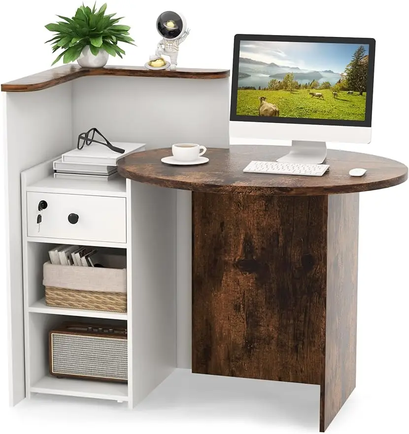 Front Counter Desk w/ Lockable Drawer & Adjustable Shelf,Retail Counter for Checkout,Computer Workstation for Salon Lobby Office