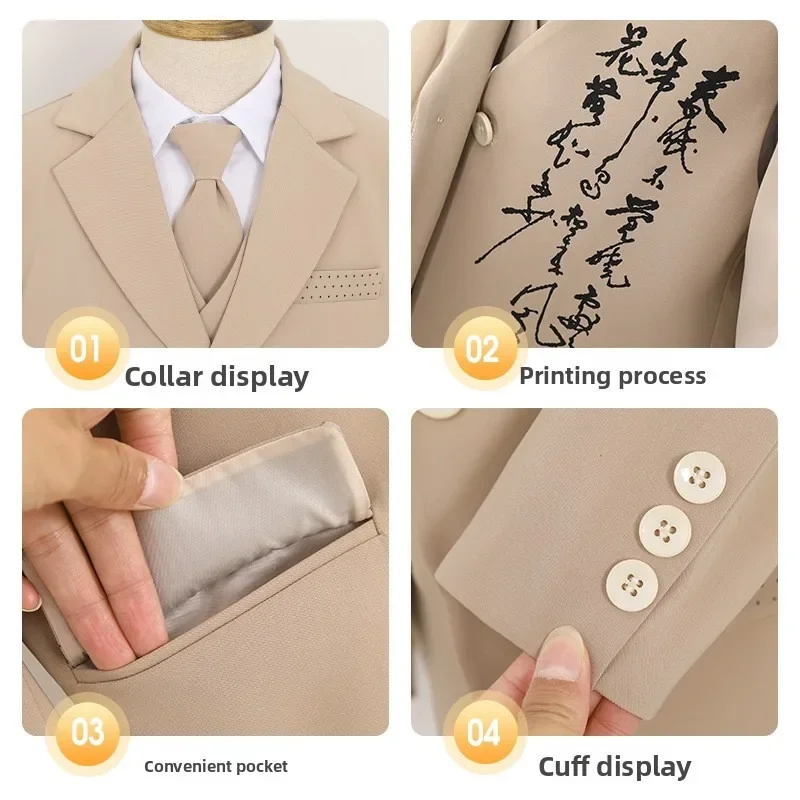 Teen Boys Formal Suit Set Kids Blazer Vest Shirt Wide Leg Pants Tie Children Outfit for Wedding Party Stage Performance 2-14Year