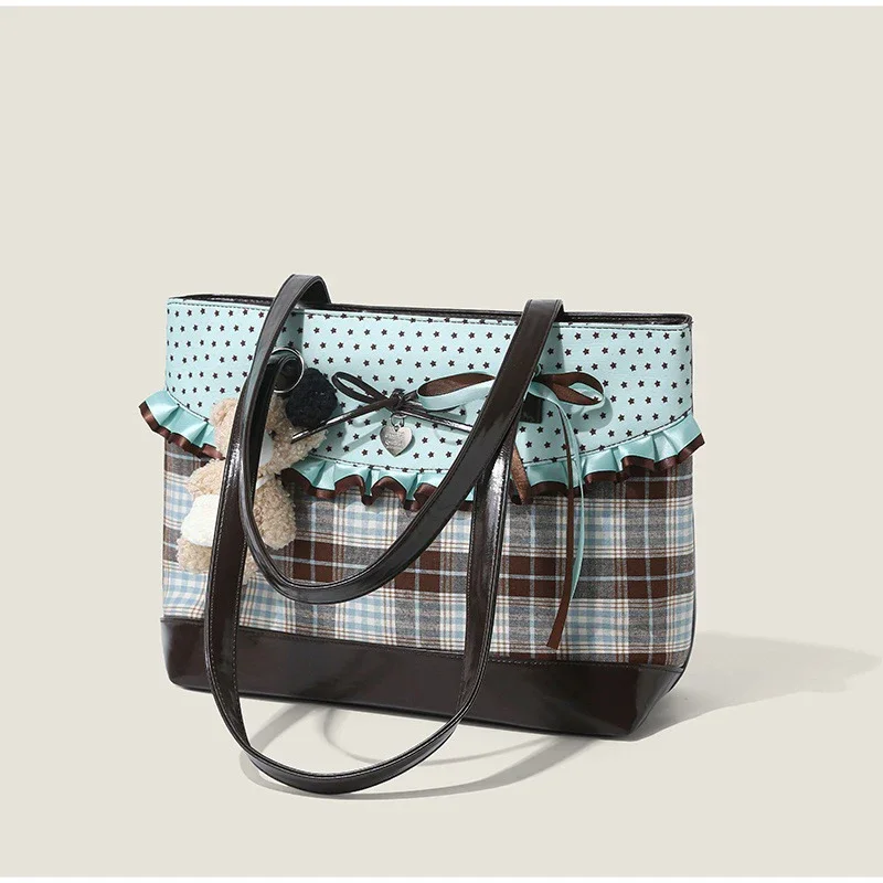 Schultertasche mit Schleife und gepunktetem Gittermuster, Damen-Handtasche mit kariertem Spitzenmuster und kontrastfarbenem Patchwork, niedliche, süße, elegante Tragetasche mit großem Fassungsvermögen – Detail 2