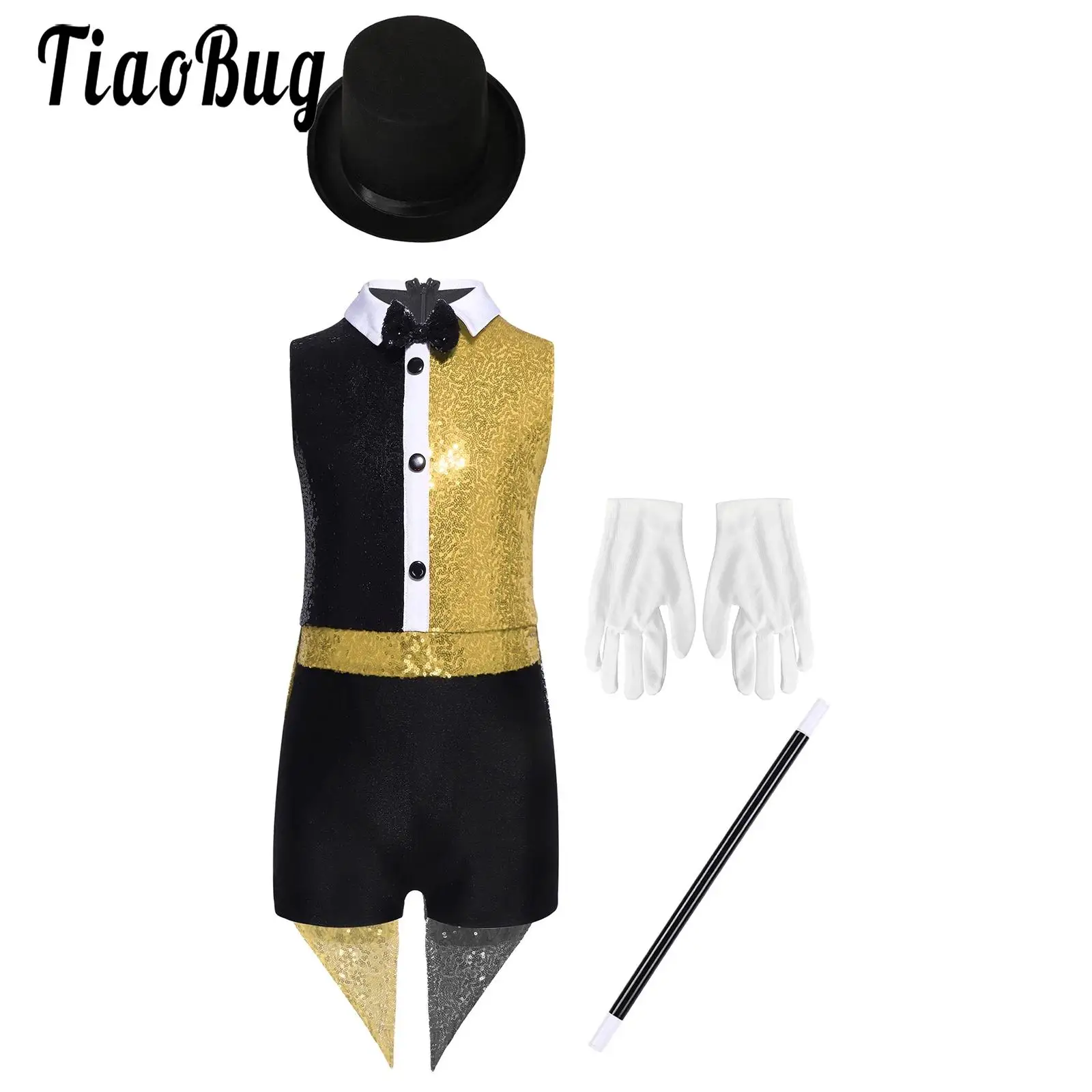 

Halloween Girls Sequins Circus Magician Costume Sets Bow Tie Back Zipper Jumpsuit and Matched Hat Gloves Outfit Cosplay Dress Up