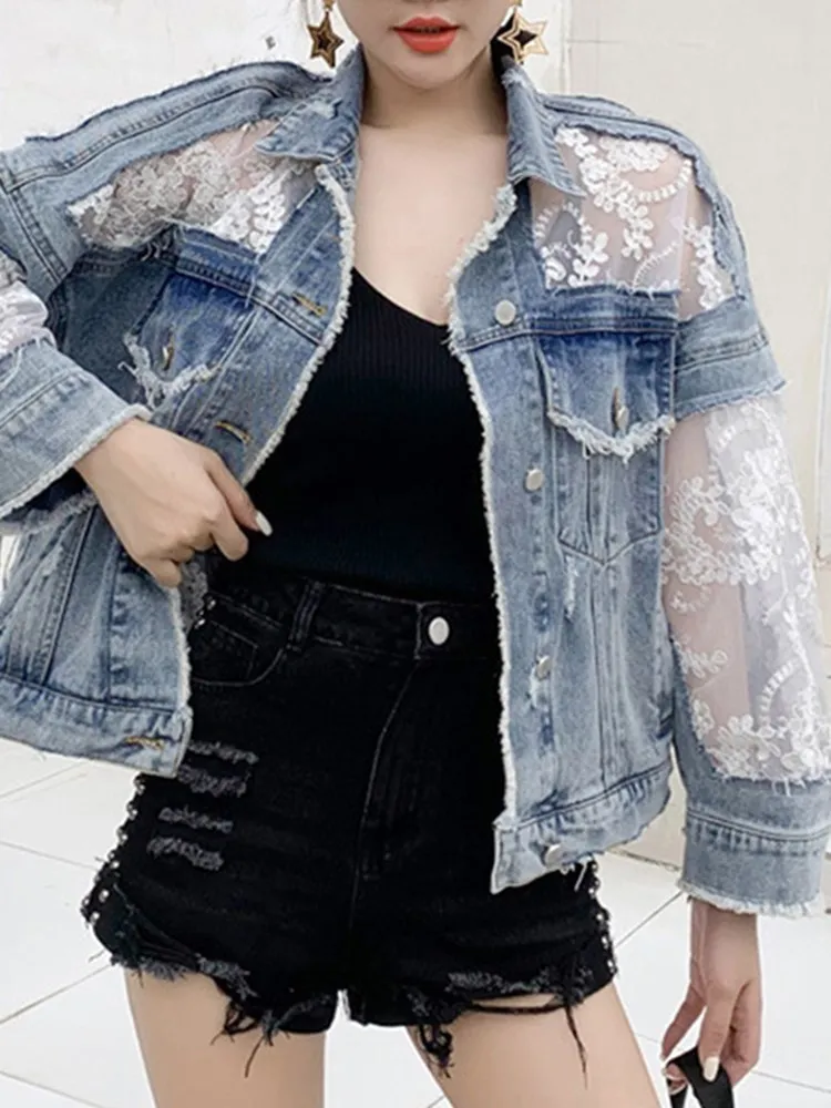 BPN Patchwork Sheer Mesh Denim Jackets For Women Lapel Long Sleeve Single Breasted Hit Color Embroidery Jackets Female Fashion