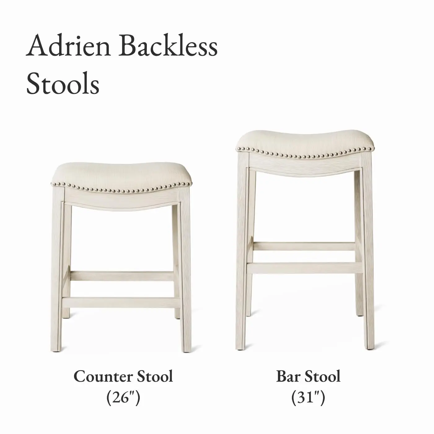 Backless Counter Stool – 26 Inches – Saddle Stool With Footrest – Cream Solid Wood Frame & Natural Fabric Upholstery