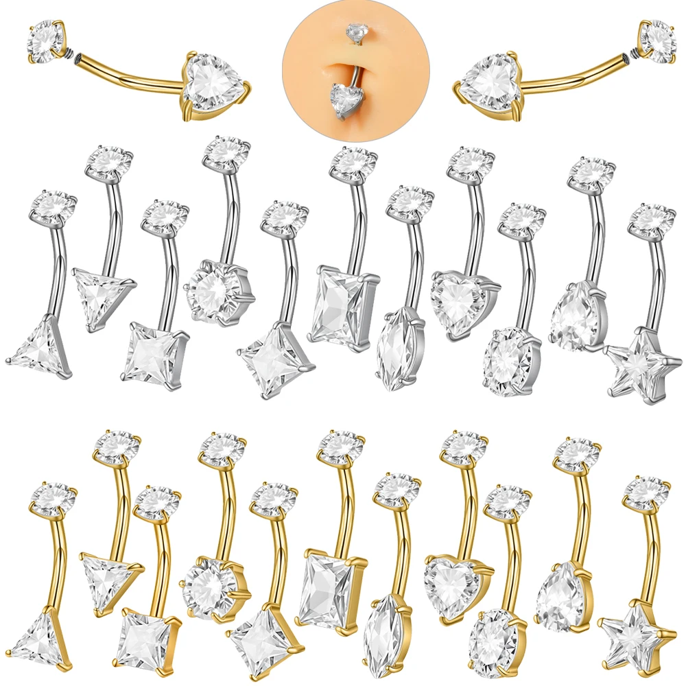 2/1PCS CZ Heart Waterdrop Star Square Zirconia Belly Button 