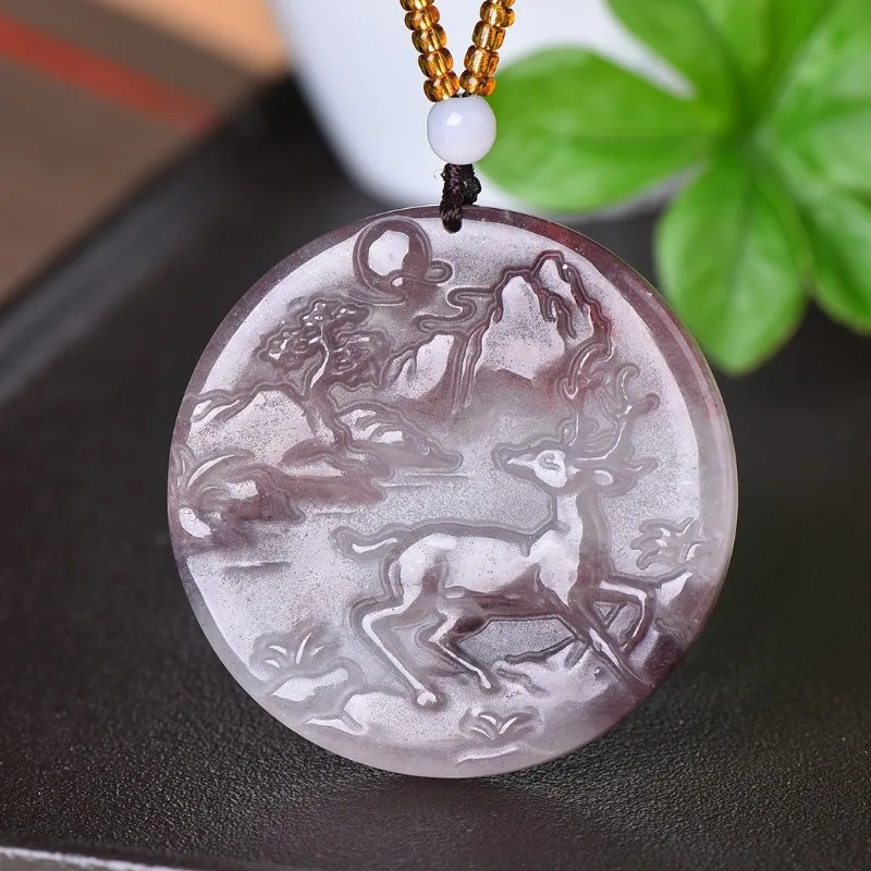 Golden Silk Jade Pendant, Golden Silk Jade One Deer with You Pendant, Round Label Sweater Chain Pendant