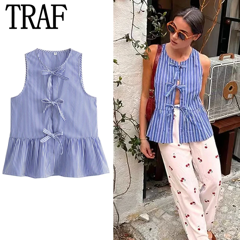 TRAF Crop Striped Vest Women Top Summer 2024 Blue O-Neck Bow Lace Up Sleeveless Tank Top New In Vest Elegant Basic Tops Female