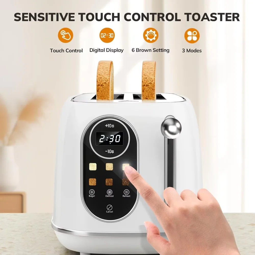 Smart Touch Screen Toaster 2 Slice,with 6 Browning Levels, Reheat & Defrost,for Bagel, Toast, Bread, Removable Crumb Tray, White