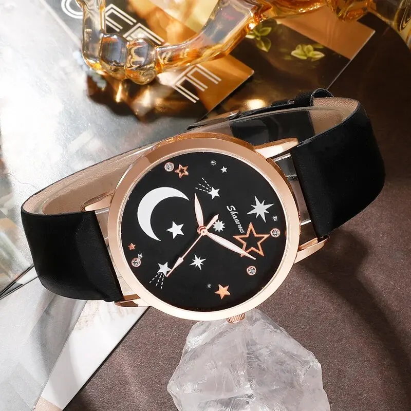 Women Fashion Watches Star Moon Round Dial Design Ladies Casual Simple Wrist Watch Luxury Bracelet Watch Clock Gifts