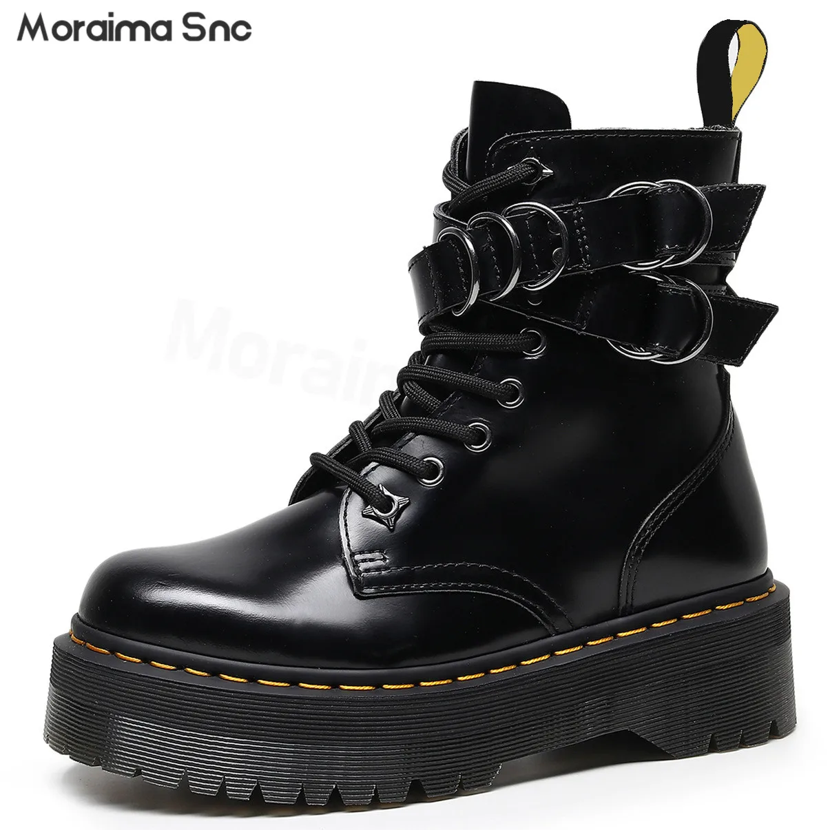 

Side Zipper Ring Buckle Boots Black Thick Sole Round Toe Lace-Up Short Boots Personalized Casual Large Size Handsome Work Boots