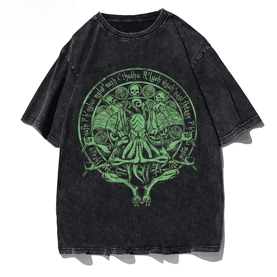 Large And Tall Size Green Cthulhu Graphic Washed Cotton T‑shirt Unisex England Style Short Sleeve Streetwear Casual Top