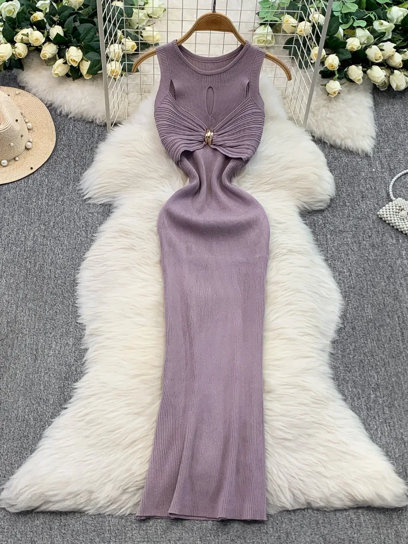 Famlina Summer Elastic Knit Dress Socialite Sexy Cutout Unique Button Round Neck Flattering Waist Buttocks Slim Fit Maxi Skirt