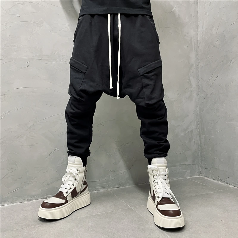 

Dark Retro Wash Water Personality Low-Grade Harem Pants Pocket Overalls Fashion Designer Ankle-Tied Sweatpants