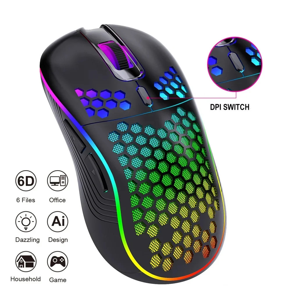 2.4G Rato de jogos sem fios com iluminação RGB, carregamento e DPI ajustável, design ergonómico em forma de favo de mel para computadores de secretári