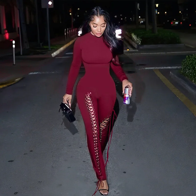 

Solid Long Sleeve Bodycon Rompers Women Jumpsuit Club Wear Party Skinny Lace-up Drawstring Bandage One Pieces Overalls Birthday