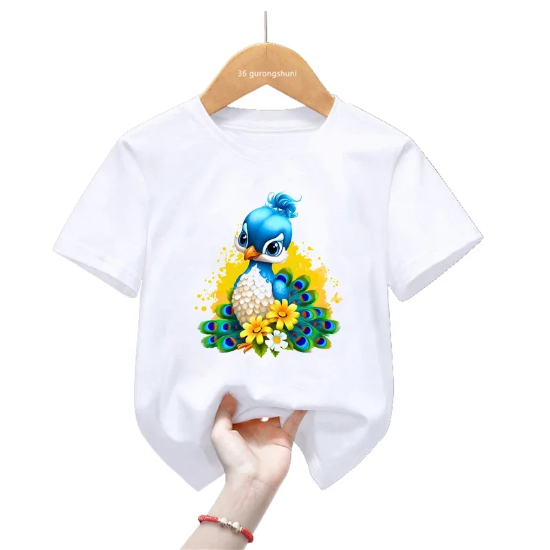 Colorful Peacock/Swan/Flamingo/Bird Print T Shirt Girls/Boys Harajuku Kawaii Kids Clothes Summer Fashion T-Shirt