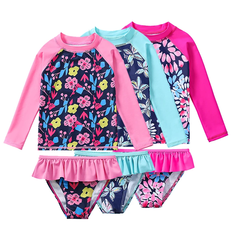 Kids Swimwear for Girls Long Sleeve With Ruffle Shorts Teen Swimsuit Cotton Print Kids Bikini Sets Children Beach Wear 3-9Y