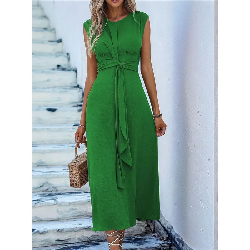 ABRT-レディース サマーカジュアル ノースリーブ Tシャツ ミディ丈ワンピース スリムフィット タイウエスト タンク ロングワンピース 2025 バケーション サンドレス