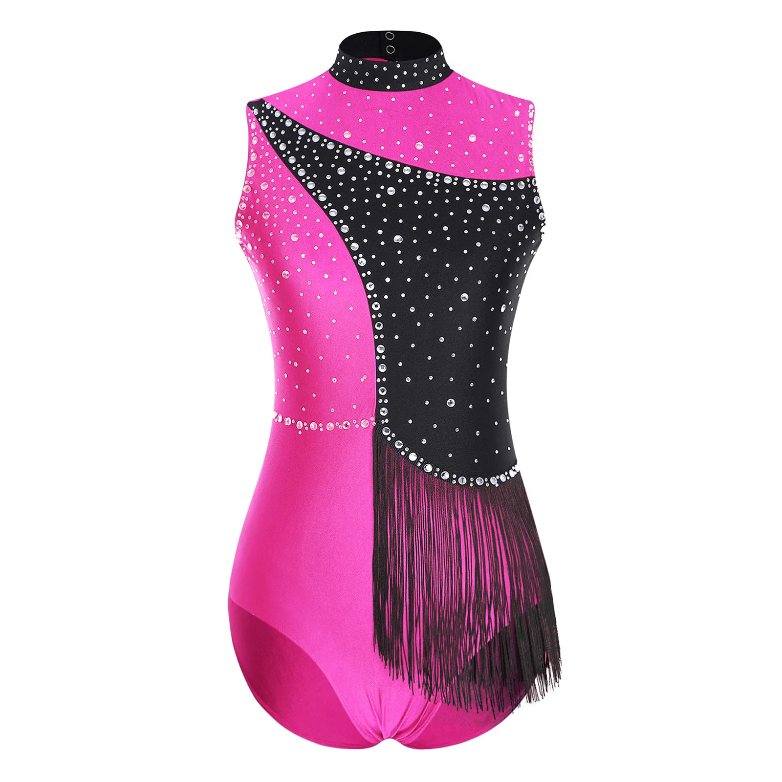 여성 피겨 스케이팅 리듬 체조 레오타드 반짝 이는 라인스톤 태슬 볼룸 차차 탱고 댄스를위한 발레 바디 슈트