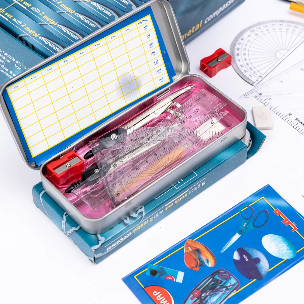 Wholesale Geometry Math Compass set 9piece with Shatterproof Storage Box Includes 2 Compasses, Ruler, Eraser, Pencil Sharpener