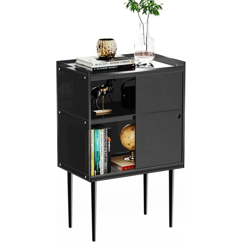 Acrylic Accent Cabinet with Sliding Door,  Cabinet with Storage Freestanding Cupboard for Hallway, Entry, Living Room (Black)