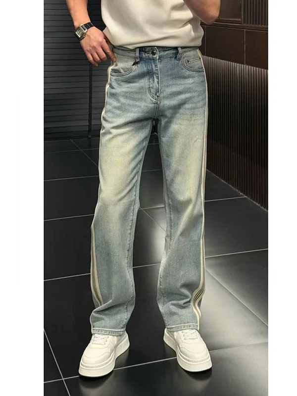 

Spring 2026 Men's Loose Fit Straight Leg Denim Jeans Waed Blue Belted Stripe High Faion Casual Comfortable Long Trousers