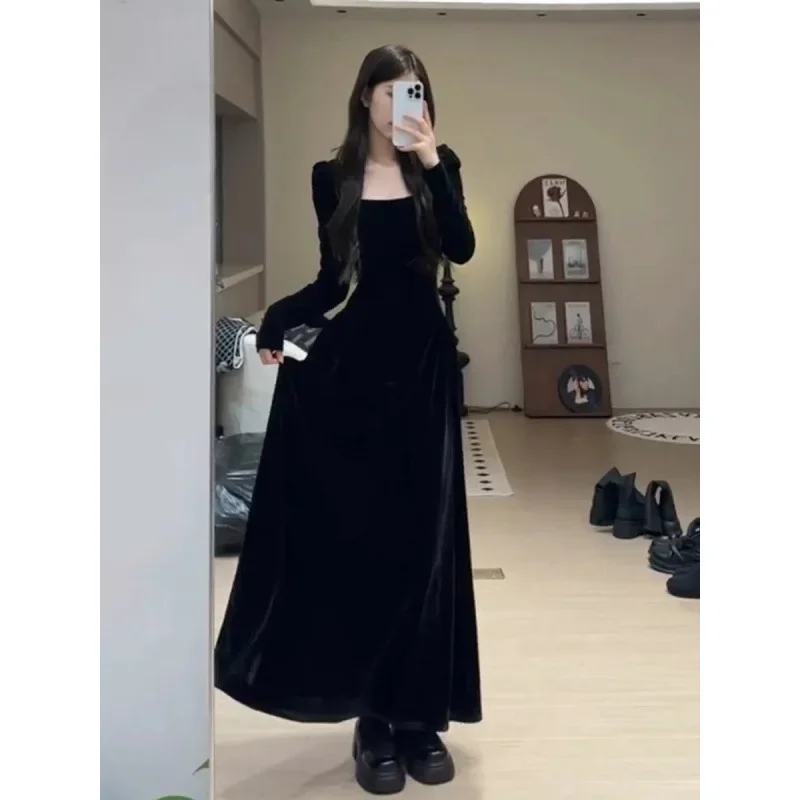 Elegant French Style Black Velvet Dress For Women High-End Feel Long Dress For Spring Birthday Party Evening Gown