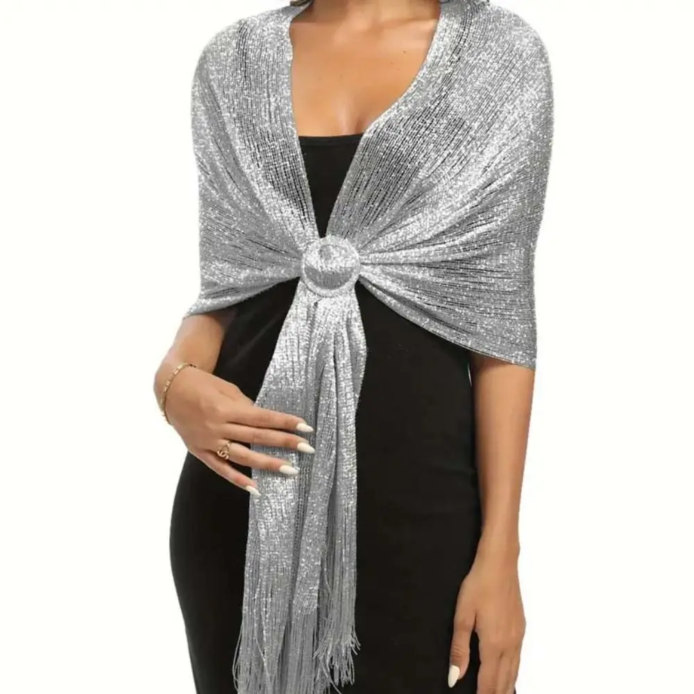 

Tassel Mesh Hollow Shawl Ball Party Shawl Shiny Large Neck Scarves With Scarf Buckle Korean Style Pure Color Scarf