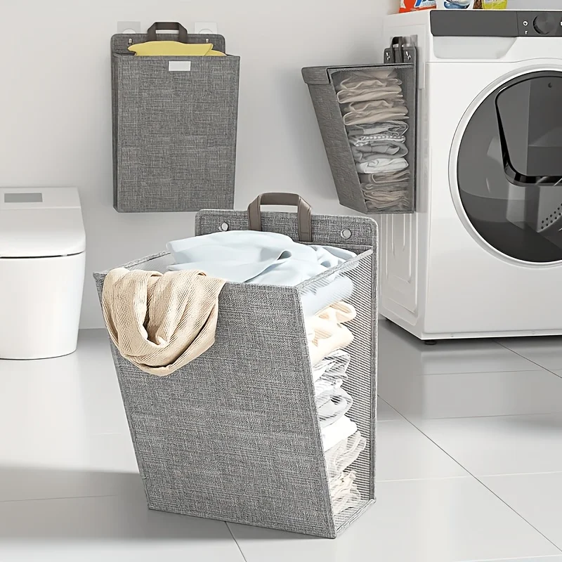 Wall Mount Mesh Laundry Hamper Collapsible Hanging Dirty Clothes Basket Space Saving Organizer Small Bathroom Dorm Home Storage - view 2