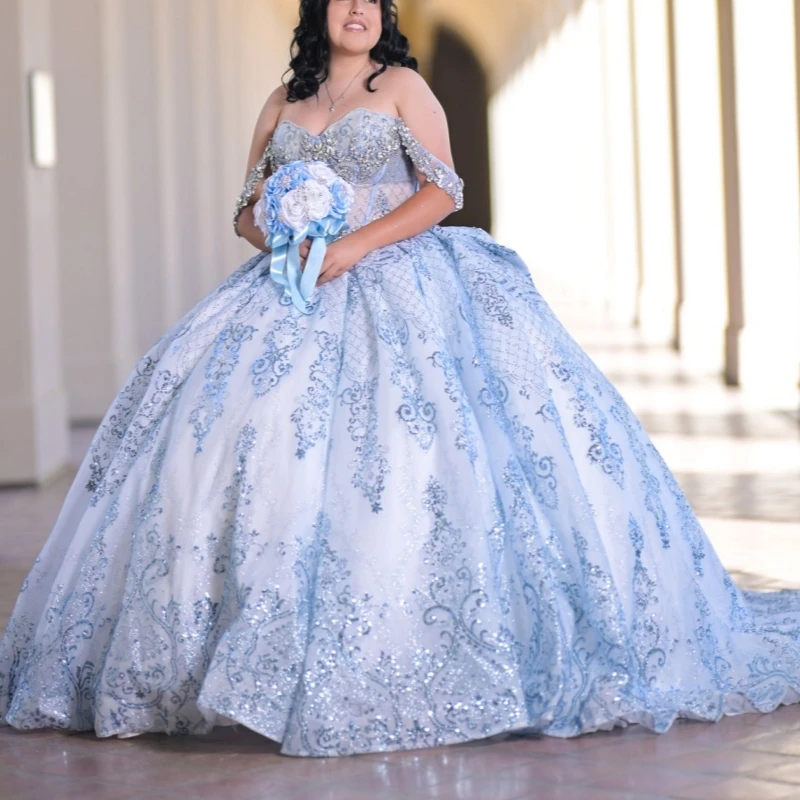 

Blue Shiny Quinceanera Dresses Off The Shoulder Sequin Applique Lace Beading Bow Tull Corset Party Birthday Sweet 16 Dres Vestid