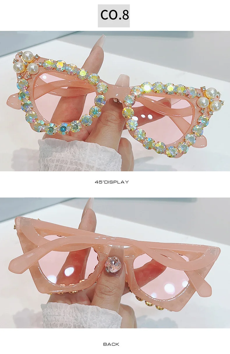 Glänzende Diamanten Cat Eye Sonnenbrille Frauen Luxus Perle Trends Punk Sonnenbrille weibliche Schatten UV400 Gradient Strass Brille – Detail 13
