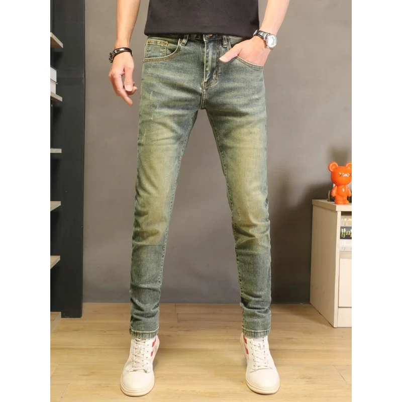 

2026 Summer High-End Vintage Blue Jeans Men Washed Distressed Stretch Slim Fit Skinny Leg Casual Trendy Retro Pants