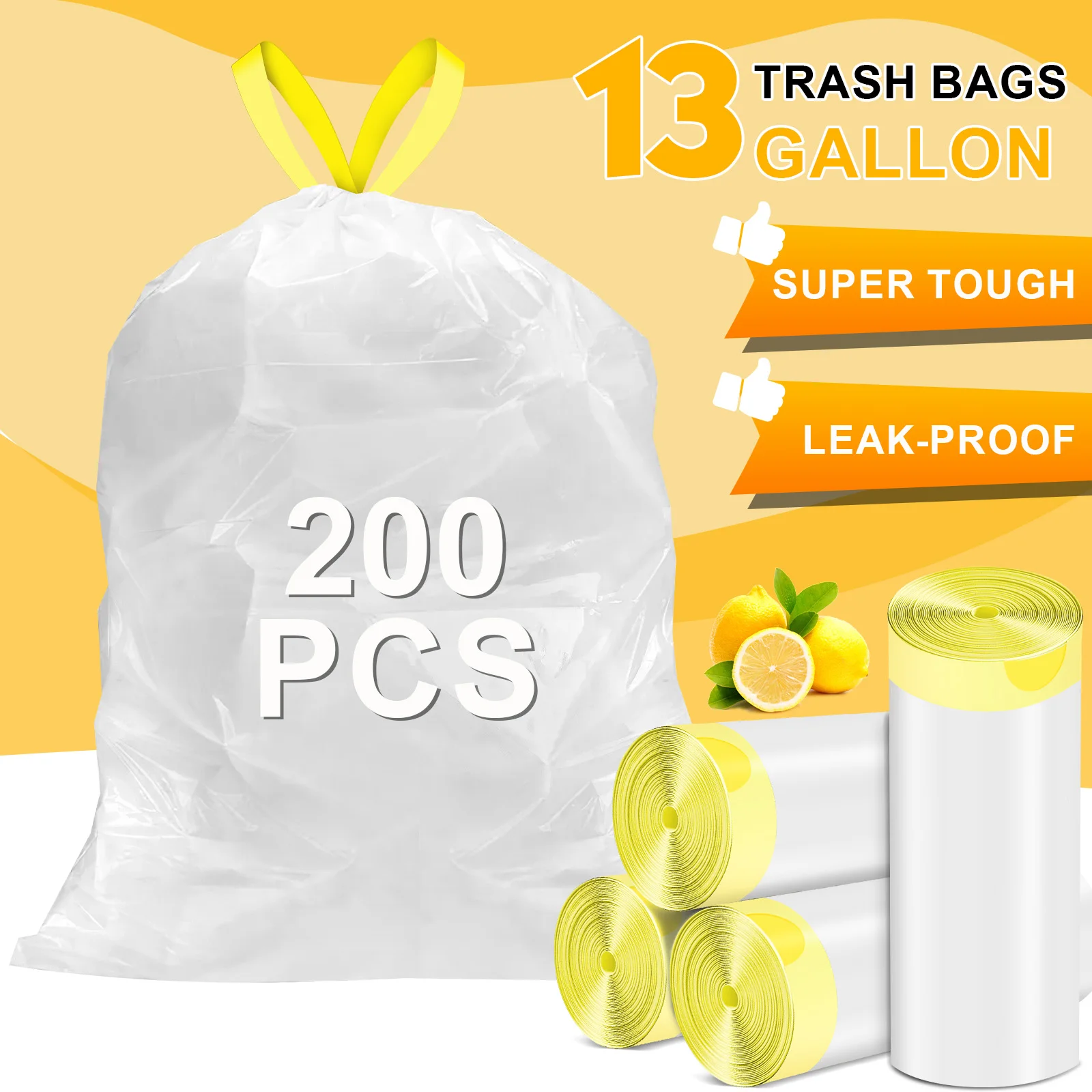 

MILONG 200pcs Household Portable Trash Drawstring Bags Yellow 13 Gallon Strong Large Kitchen Trash Bags for Party Cat Litter