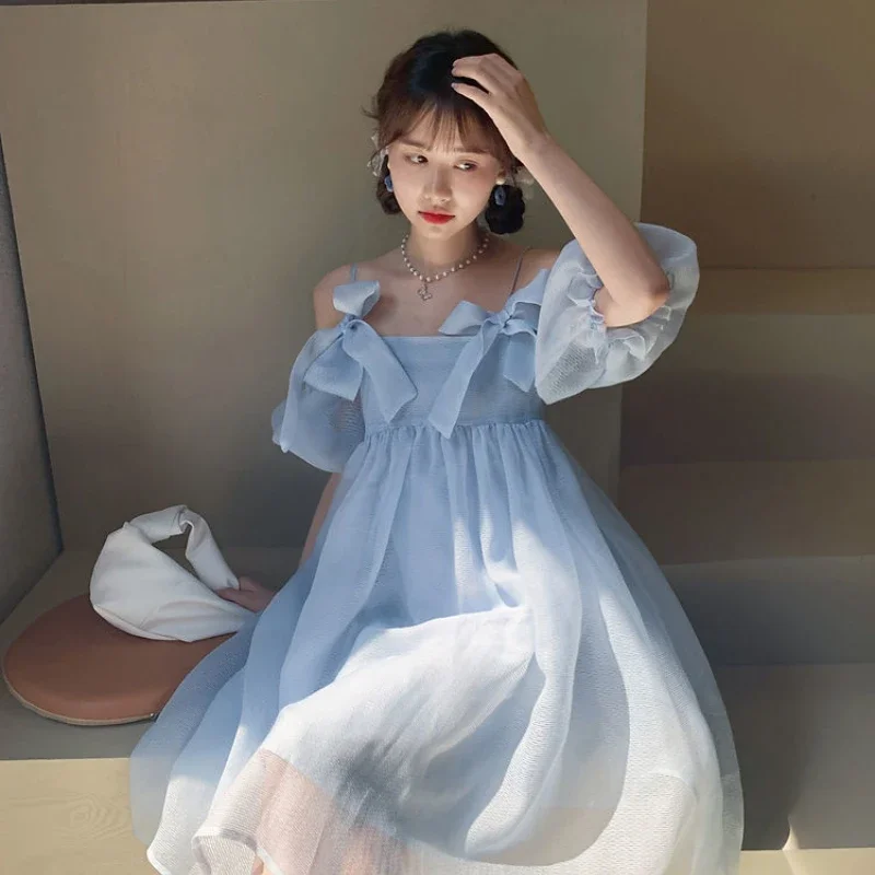 Sweet Sleeveless Dress Women Bow Princess Style Summer A-line Dating Party Casual Trendy Vestdios Female Girls Korean Version