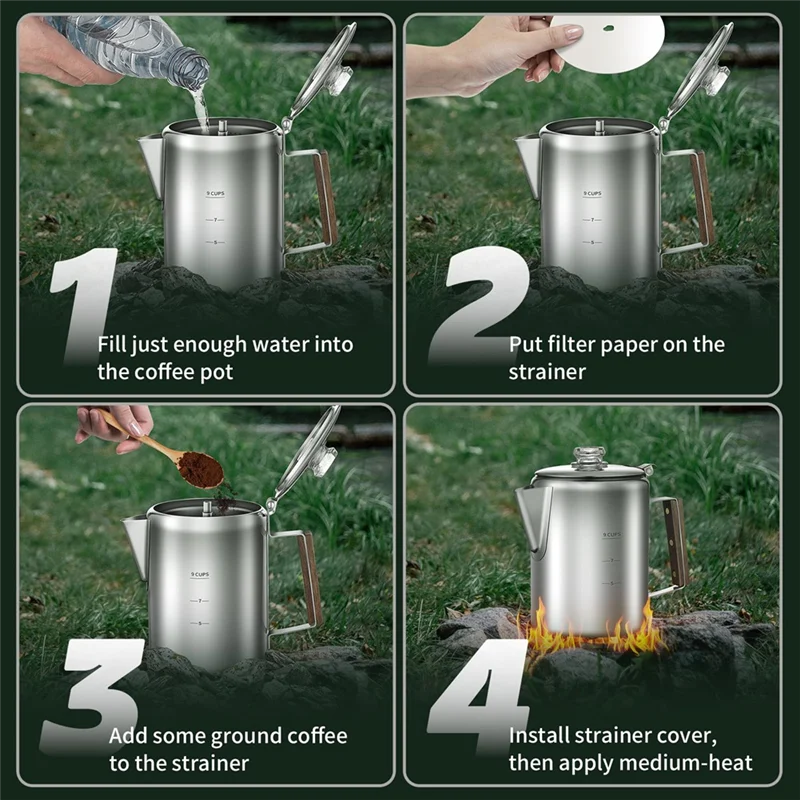 

ABGE-Stainless Steel Material 9 Cup Coffee Percolator With 90Pcs Filters-Camping Coffee Pot,For Home& Travel