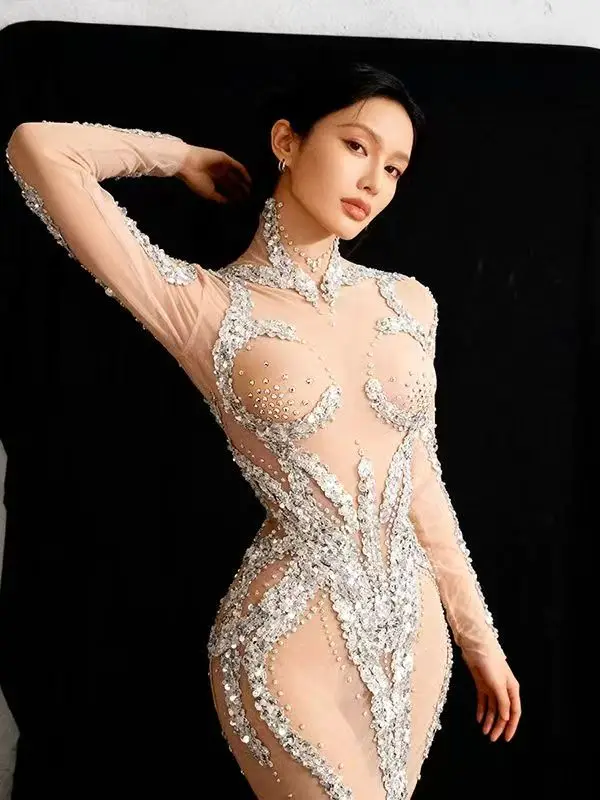 

Yuanhuan Women Sparkly Sequined Club Dress Sexy Mesh Transparent Prom Dress Evening Birthday Party Festival Show Stage Costumes