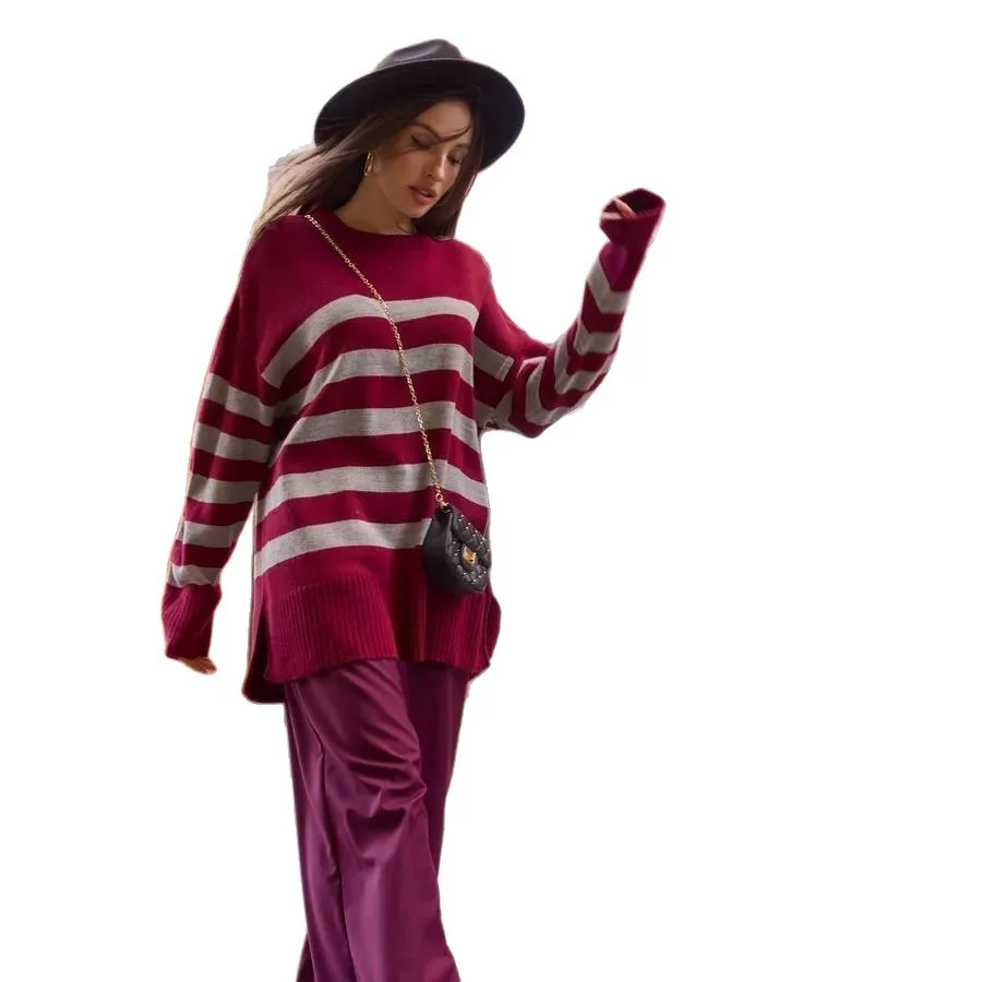 2025 Autumn Winter New Arrival! Women's Striped Loose Crew Neck Knit Sweater - Cross-Border Casual Pullover Outerwear