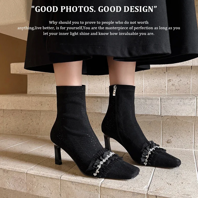 

2026 новые осенне-зимние женские ботильоны 22-24,5 см, современные ботинки из эластичной ткани с квадратным носком, узкие ботинки на высоком каблуке с боковой молнией