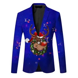 Christmas Deer Printed Fashion Slim Fit Blazer Coat Casual Single Button Lapel Suit Jacket Top Business Party Suits for Men