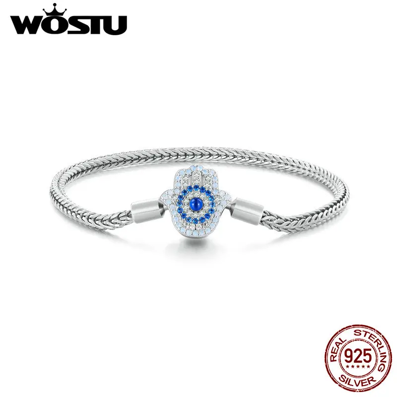 WOSTU 925 Sterling Silver Original Evil Eye Fatima Hamsa Basic Bracelet For Women Zircon Real s925 Bangle Fit DIY Charms Beads