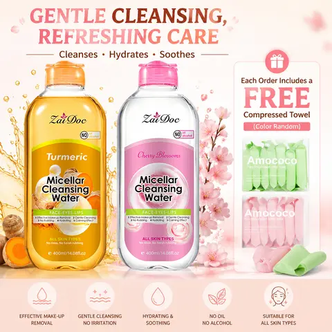 ZaiDoc Turmeric/Cherry Blossom Micellar Cleansing Water Makeup Remover No Rinse No Rubbing All Skin Types Face Eyes Lips 400ml Each